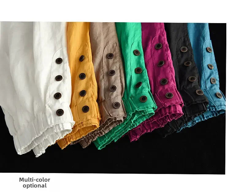 Vintageartistic High-waisted Slimming Cotton Linen Shorts For Women Casual Loose-fit Bell Bottoms 2024 New Style