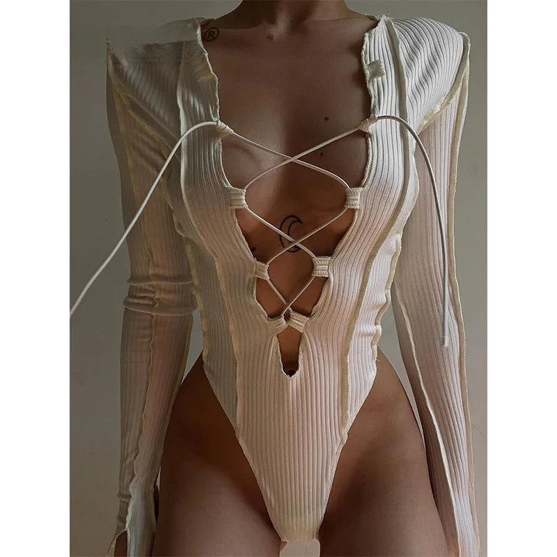 2023 Ribbed Knitted Long Sleeve Tie Up Sexy Bodysuit Bandage Patchwork Bodycon Club Party Body Women Outfit High Waist Top