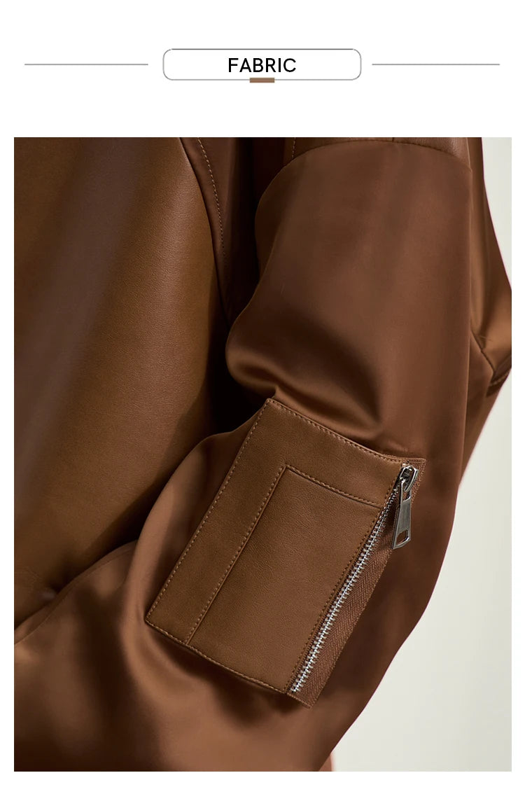 Amii Minimalism PU Leather for Women 2024 Autumn New Casual Handsome Baseball Collar Zipper Short Retro Female Jacket 12423080