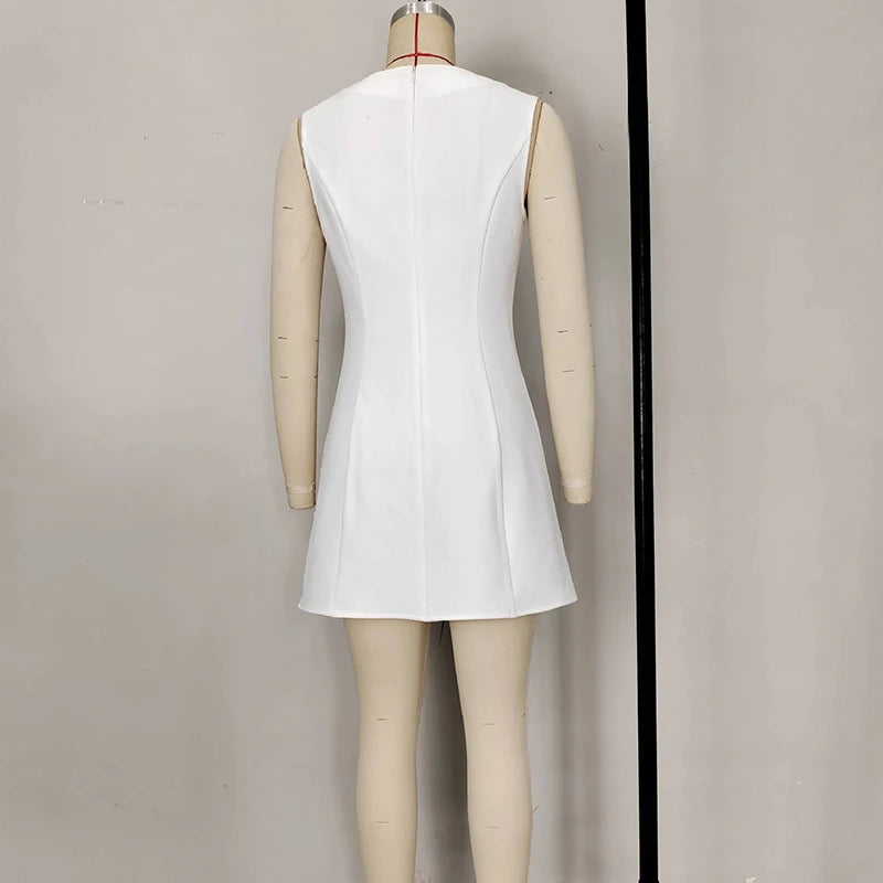 Elegant High Waist Party Dress New O Collar Solid Color Single Breasted Short Dress Office Lady Sleeveless Simple Commute Dress