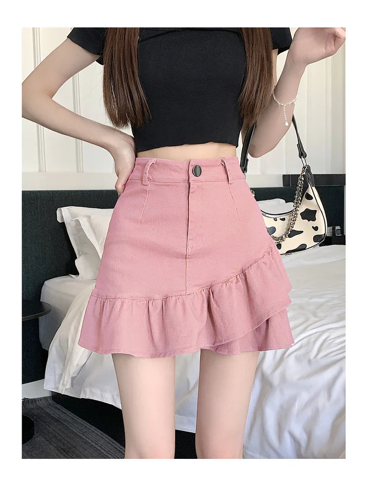 High Waist A-Line  Skirt Women's Spring Summer Denim f-length Skirts with Lace Hemline Cotton Polyester Blend