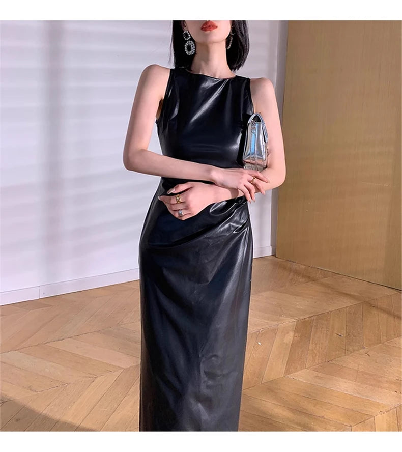 Lautaro Spring Autumn Sleeveless Backless Black Stretchy Blue Soft Faux Leather Midi Tank Dress Women Slim Fit Long Dresses 2023