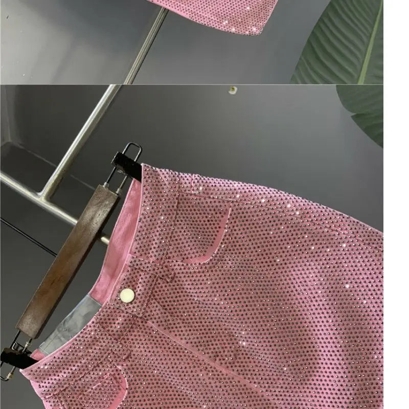 Heavy Industry Hot Drilling High-End Denim Skirt 2024 Spring And Summer New High Waist Pink Sexy A-Word Skirt