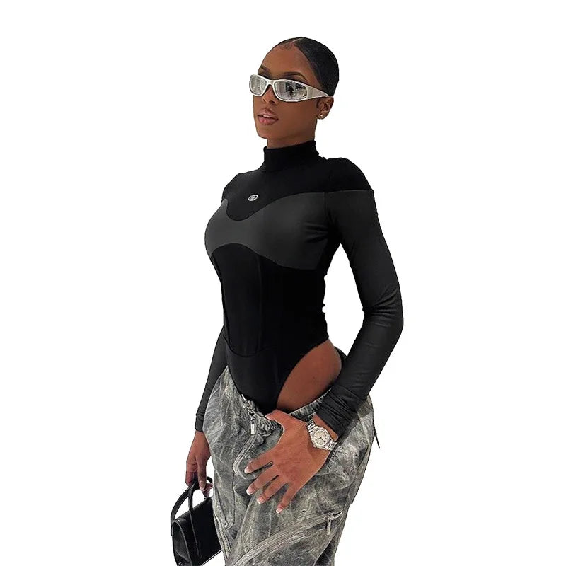 Long Sleeve Bodycon Lenceria Femenina Turtleneck Lingerie Sexy Body Feminino Black Tops Women PU Patchwork One-Pieces Bodysuit