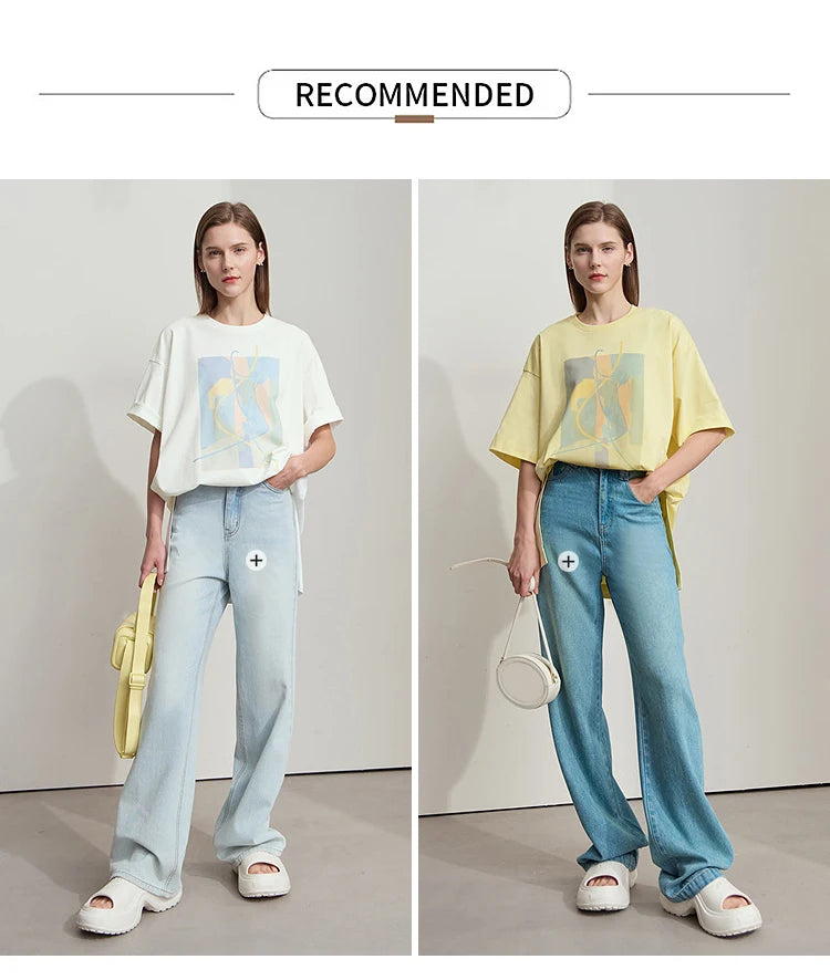 Amii Minimalist Summer T-shirt Women Irregular Design Tops Casual O-neck Abstract Print Loose Dropped Shoulder T-shirt 12522081