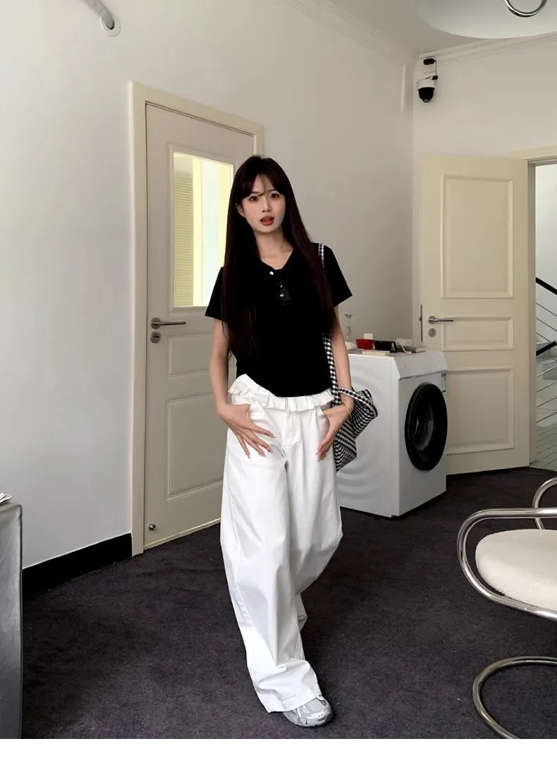 Casual Patchwork Pleated Wide Leg Pants Loose Solid High-Waisted Straight Pants Women Fashion Streetwear Lady Jeans