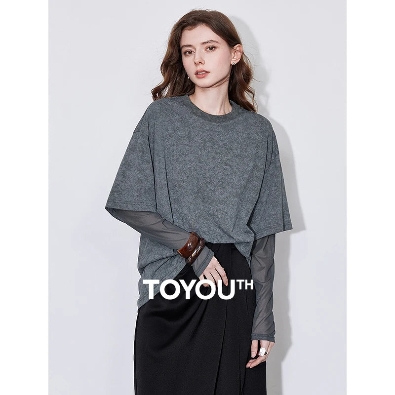 TOYOUTH Women T shirt 2025 Spring New Fake Two Piece Printed Round Neck Fashionable Pullover T shirt
