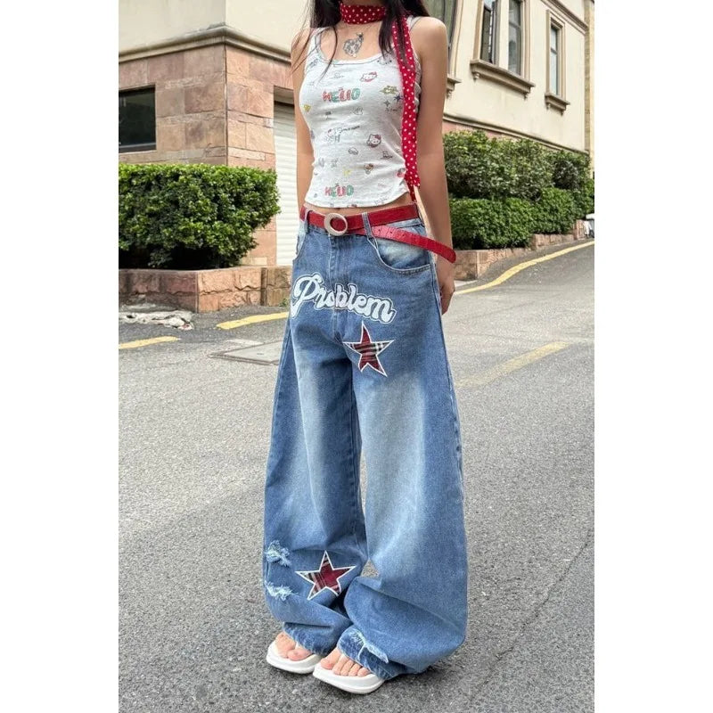 Blue Gothic Ripped Jeans Women Summer Baggy Aesthetic Denim Trousers Harajuku Oversize Jean Pants Vintage 2000s Trashy Clothes