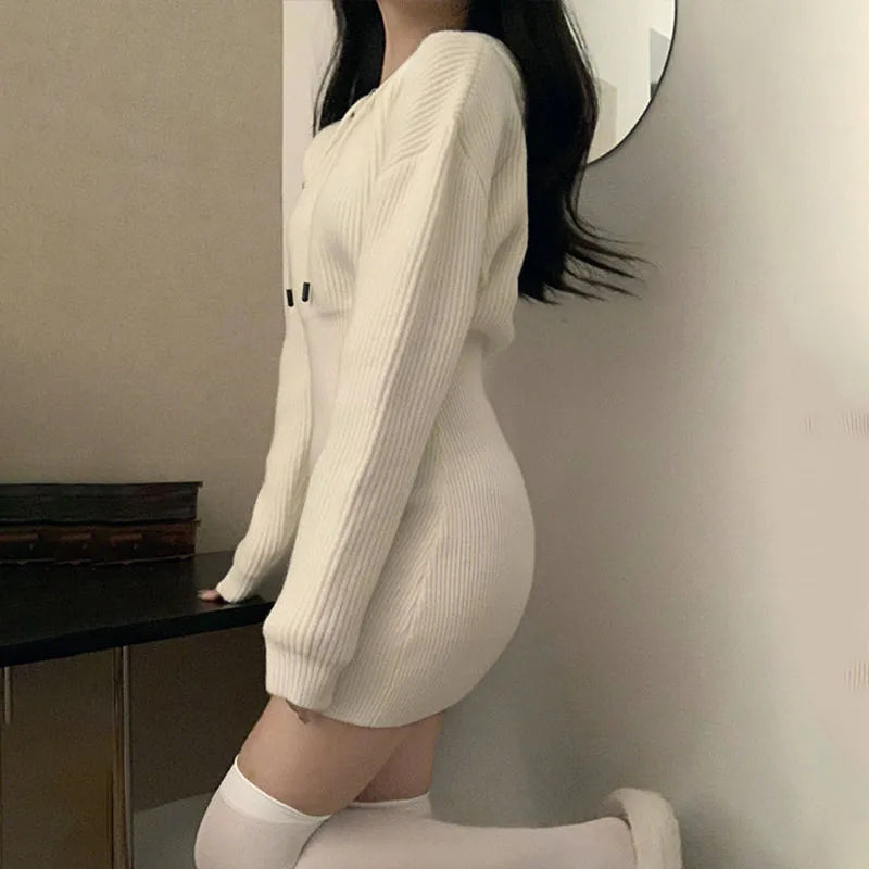 Sexy White Thicken Knit Mini Dress Woman Korean Elastic High Waist Bandage Dresses Women Hooded Outwear Long Sleeve Slim Dress