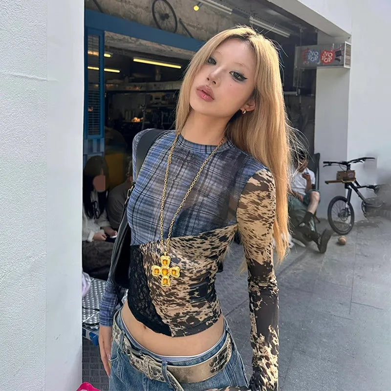 Karrram Japanese Y2k Patchwork Mesh Tops Trashy 2000s Lace Sheer Top Grunge Aesthetics Irregular T-shirt Vintage Harajuku Korean