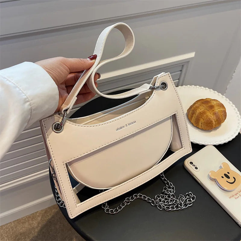 Hollow Out Design Women Underarm Bags Solid Colour Zipper Casual Female Handbags Simple Trend Chain Ladies Trapeze Bags