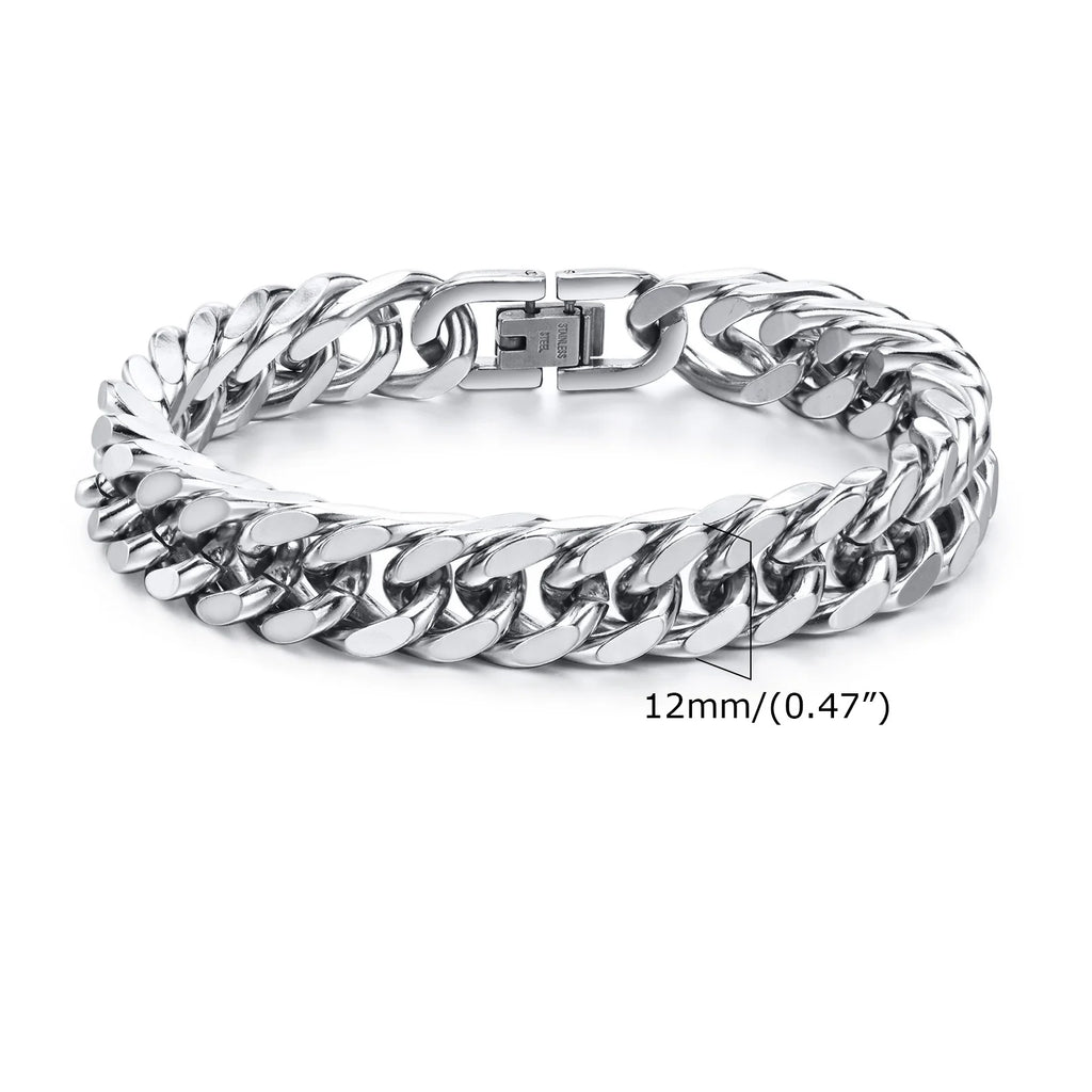 Stylish Double Curb Chain Bracelets for Men Boys,8/10/12/15mm Stainless Steel Miami Link Wristband,Punk Jewelry Gifts