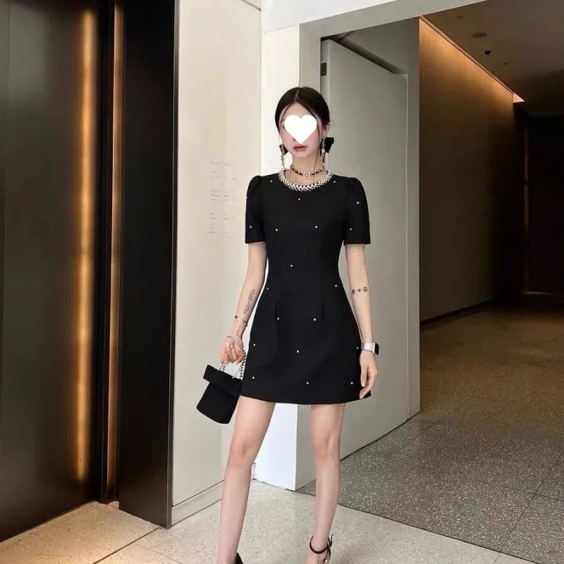 Sweet Elegant round Neck Waist-Cinched Mini Skirt Dress Hepburn Style Beaded New Summer Collection Fashionable Chinese Brand