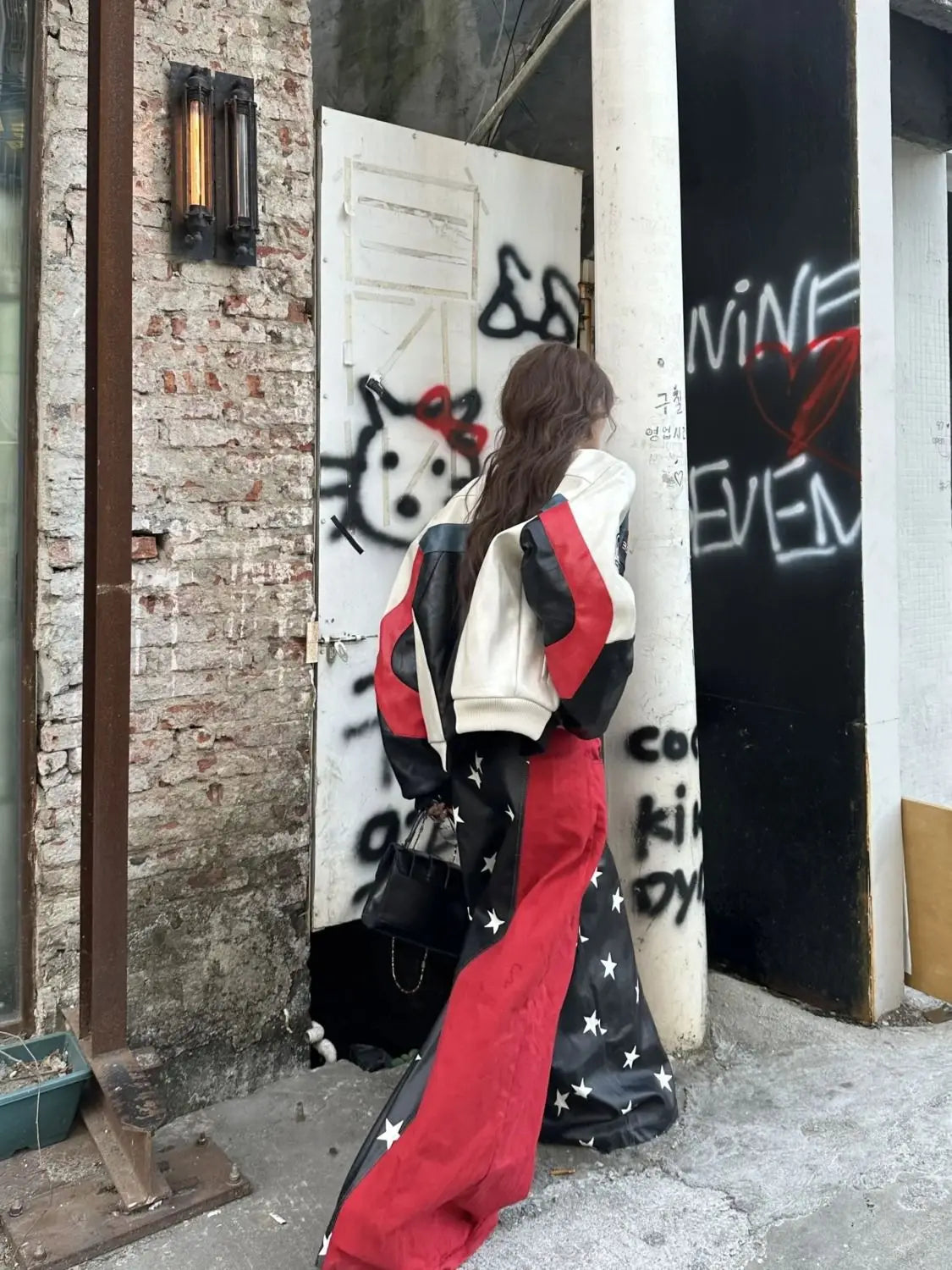 2025 Fall Winter Y2K Sweet Grunge Star Print PU Leather Patchwork Jeans Women Oversized Baggy Streetwear Wide Leg Pants