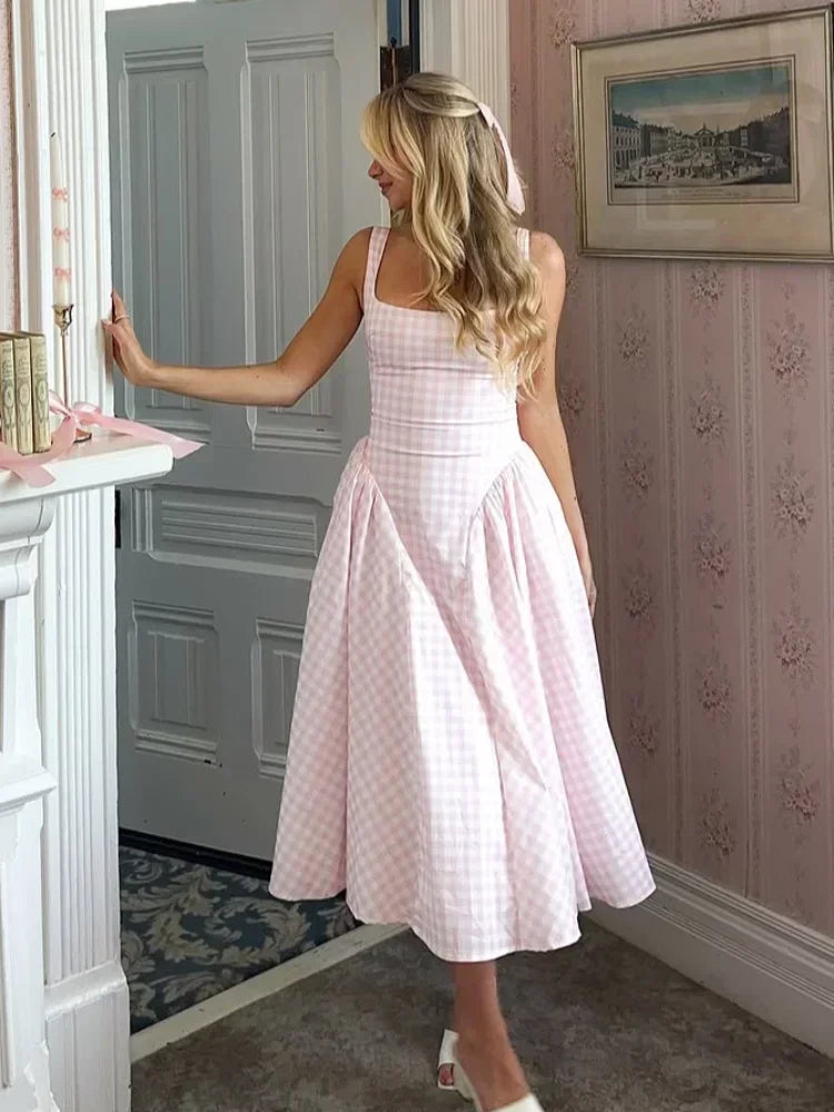 Women Fashion Plaids Pleated High Waist A-line Dress Elegant Sleeveless Backless Slim Long Dresses Summer New Party Streetwear