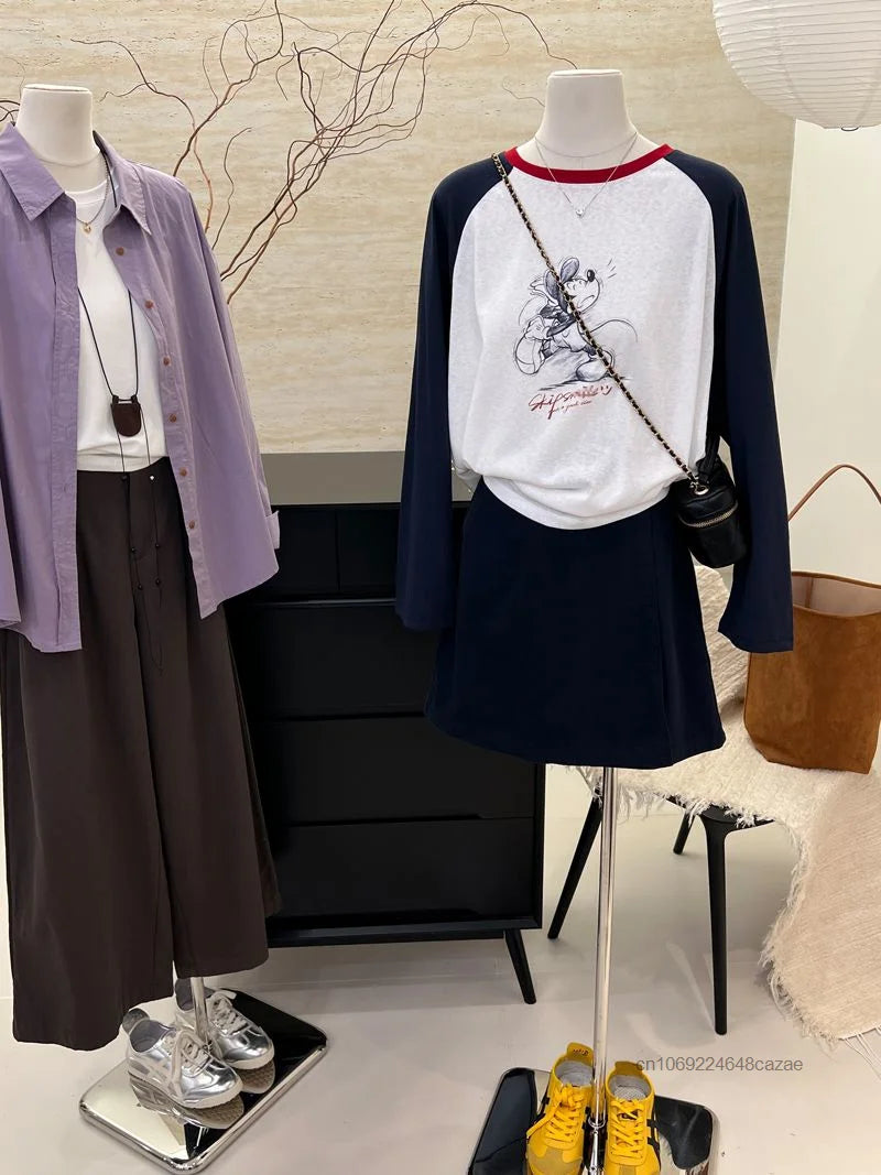 Cute Cartoon Mickey Mouse Long Sleeved T-shirt Korean Version Trend Simple Patchwork Tees Women's Autumn Slimming New Casual Top