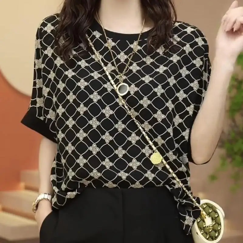 Vintage Fashion Summer Women's O-Neck Printing Screw Thread Patchwork Batwing Sleeve Temperament Versatile Loose T-Shirts Tops