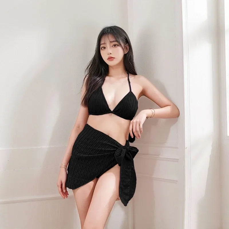 Sexy Bikini Swimsuit Women's New 2025 Three-piece Set Neck Hanging Net Skirt Hot Spring Vacation Swimwear Fashionable Chinese Br