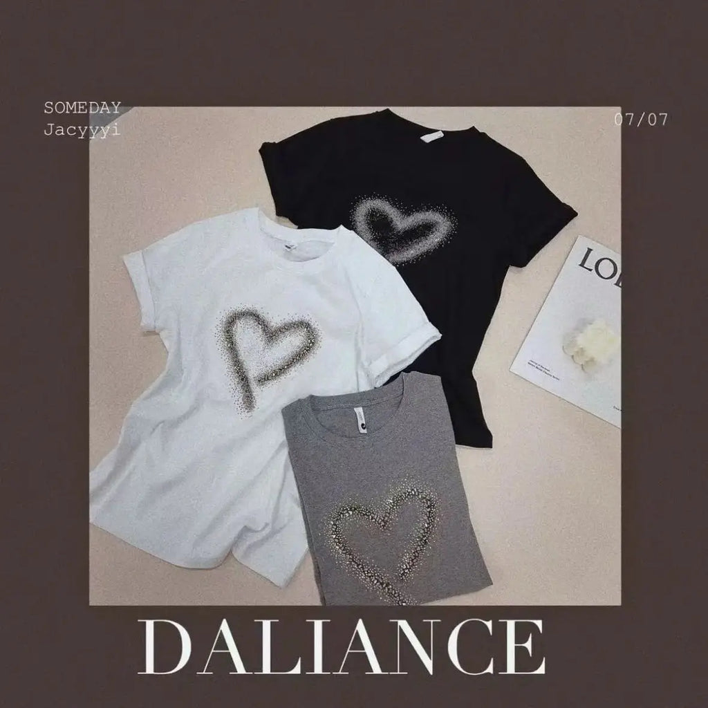 Pure Cotton Round Neck Short Sleeve Diamond Heart Print Tshirt Women Loose Casual Elegant Top