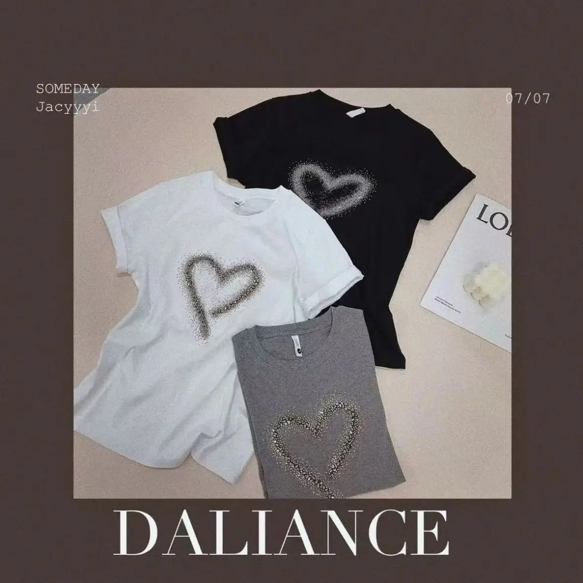 Pure Cotton Round Neck Short Sleeve Diamond Heart Print Tshirt Women Loose Casual Elegant Top