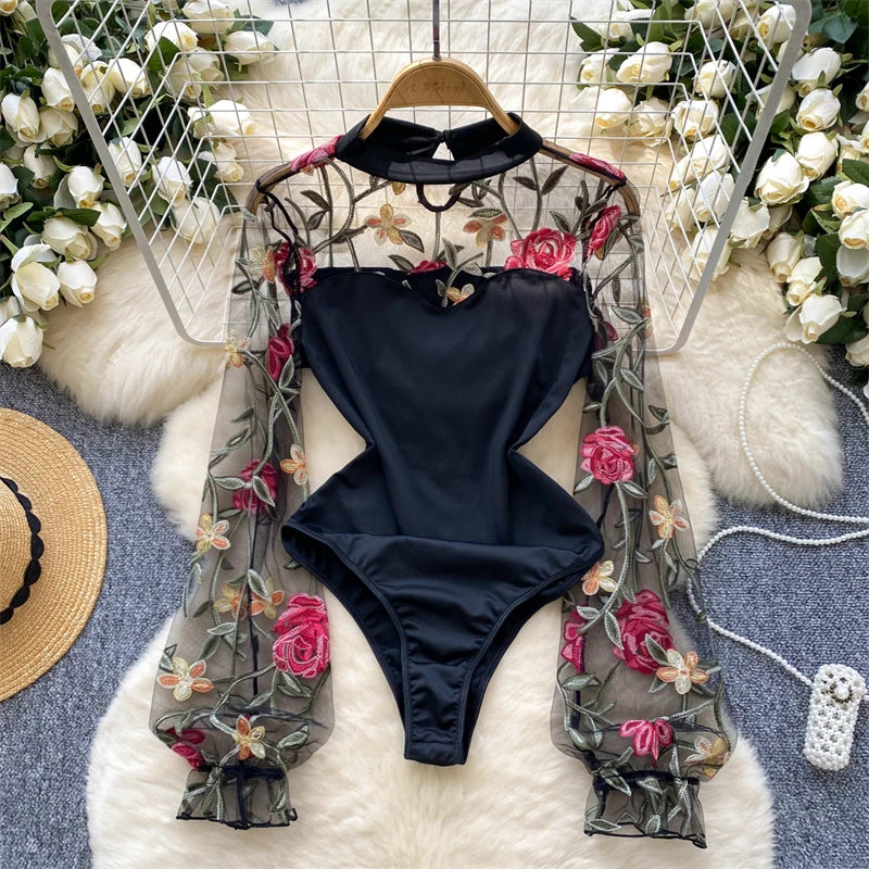 Women's Black Gothic Vintage Jumpsuits Y2k Harajuku Embroidery Overalls Korean Aesthetic 2000s Exotic Sexy Mesh Rompers Clothes