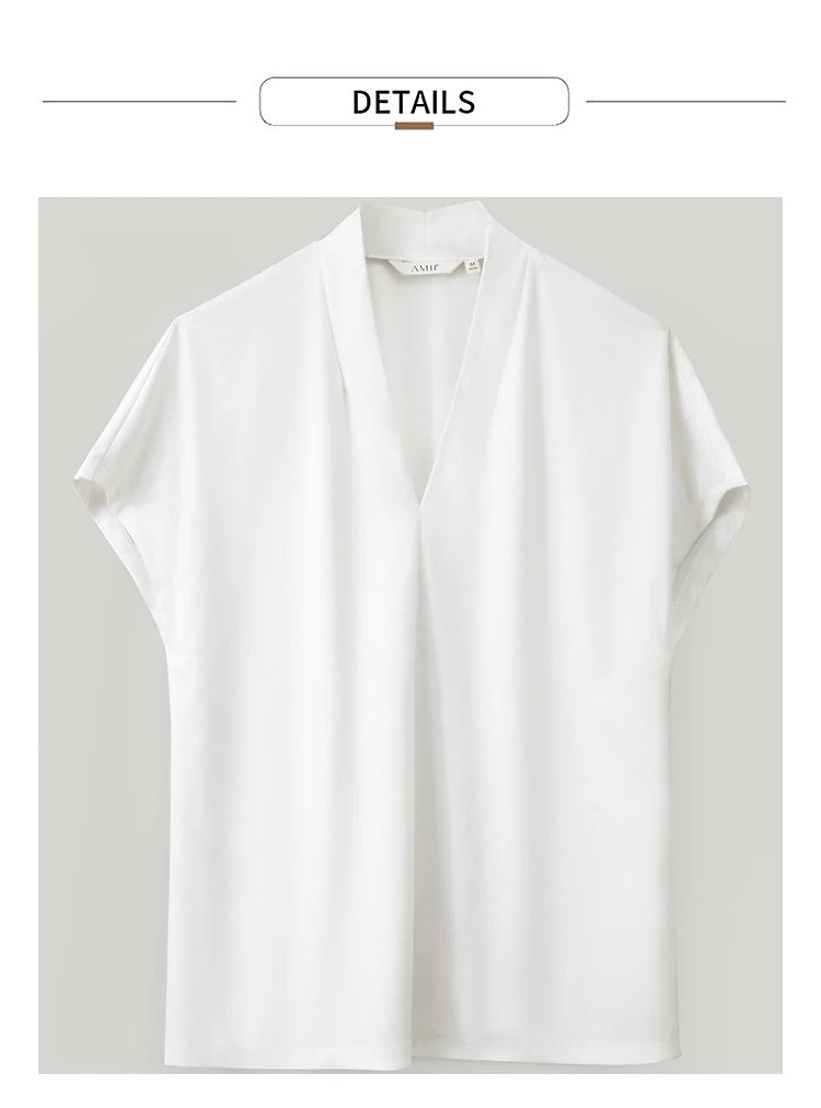 AMII Minimalism 2023 Summer Women's T-shirt Classic Style Casual V-neck Short Sleeve Solid Stretch Female Tops & Tees 12312013