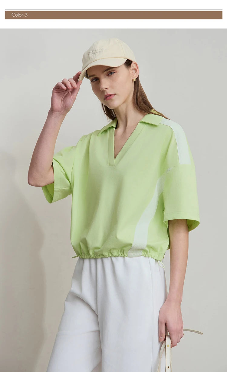 Amii Minimalist Cotton T-Shirts For Women 2025 Summer New V-Neck Pullover Loose Short Shoulder Sleeve Chic Commute Tops 12552001