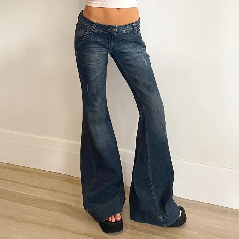 American Retro Low Waist Bell Bottom Jeans Women Summer Fashionable Versatile Casual Long Pants Washed Effect Classic Style