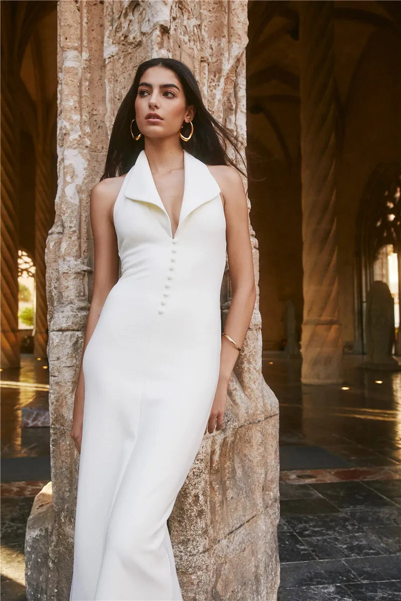 Mozision Halter Deep V Neck Sleeveless Sexy Maxi Dress For Women Elegant Backless Bodycon Tank Dress Femme Fashion Long Dress