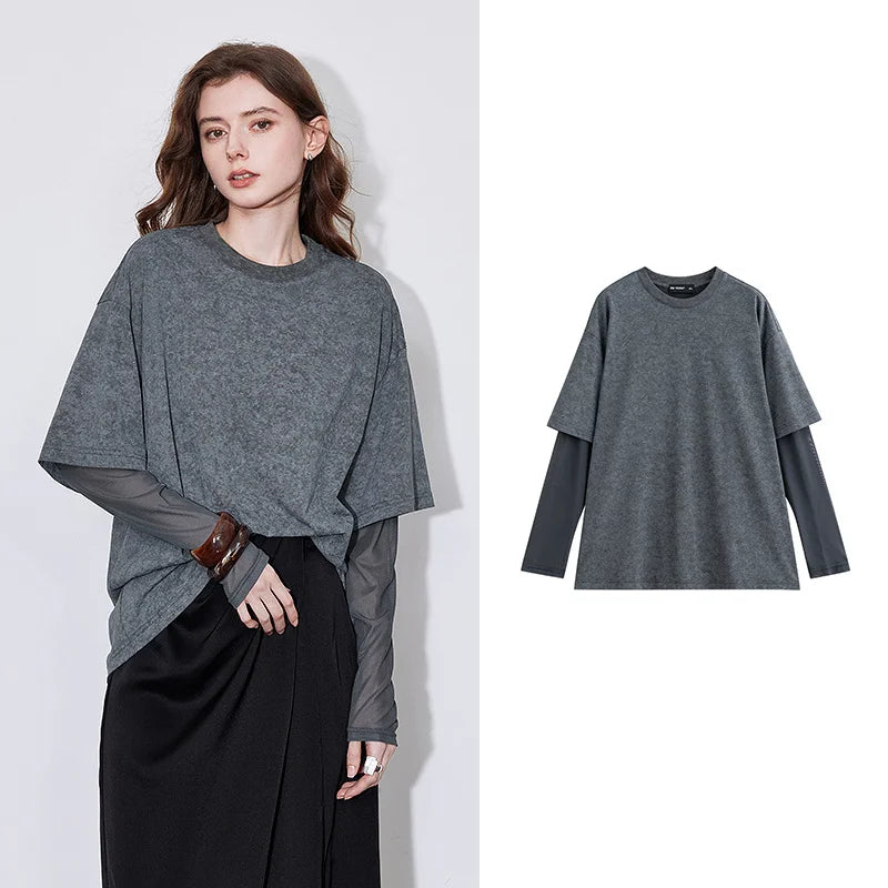 TOYOUTH Women T shirt 2025 Spring New Fake Two Piece Printed Round Neck Fashionable Pullover T shirt