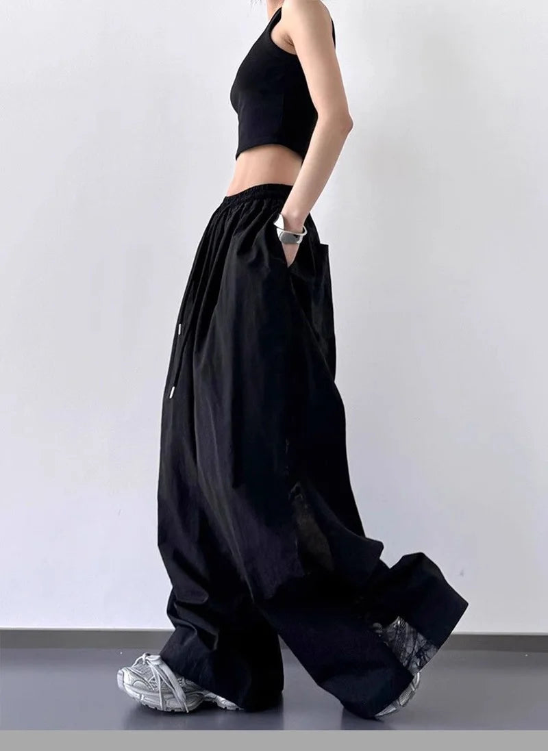 Jmprs Lace Patchwork Wide Leg Pants Women Oversize Streetwear High Waist Vintage Trousers Korean Casual Summer Sweet Retro Pants