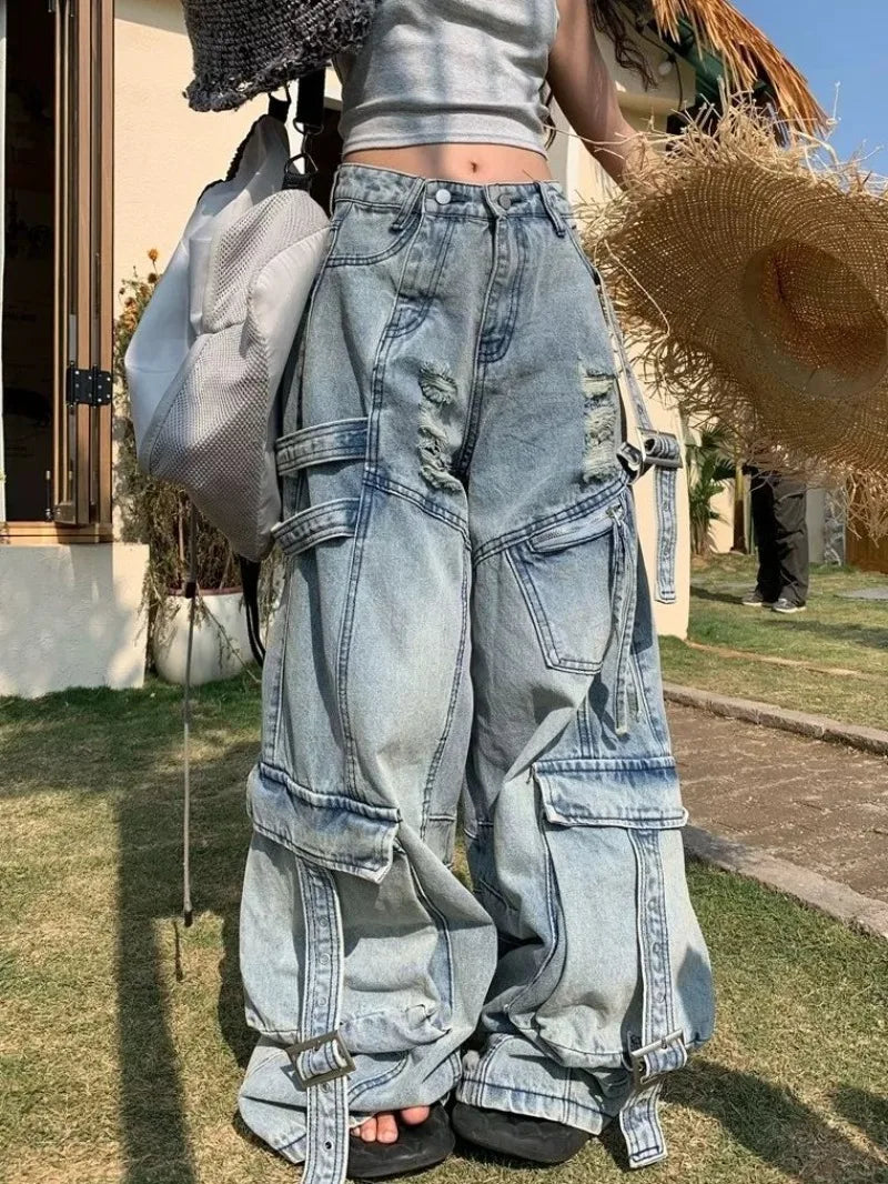 American Fashion Trends Joker Tooling Pocket Baggy Jeans Female Street Y2K New Hip Hop Oversized Wide-leg Pants Unisex Jeans