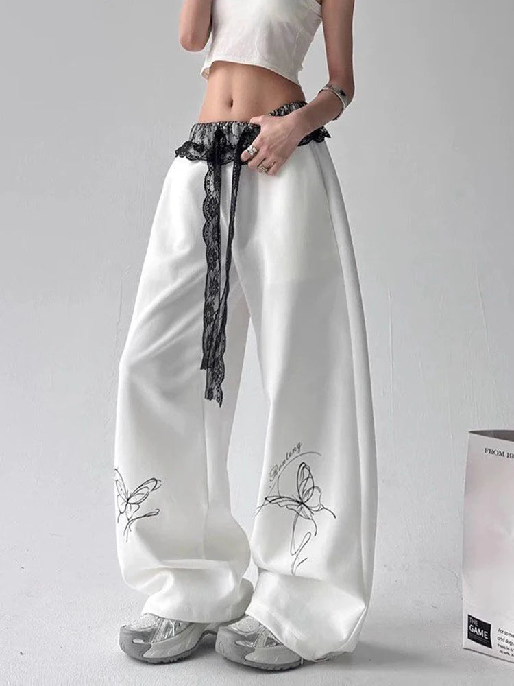 Zoki Vintage Bufferfly Y2K Sweatpants Women Loose High Waist Lace Patchwork Pants Streetwear Retro Casual Bf Harajuku Trousers