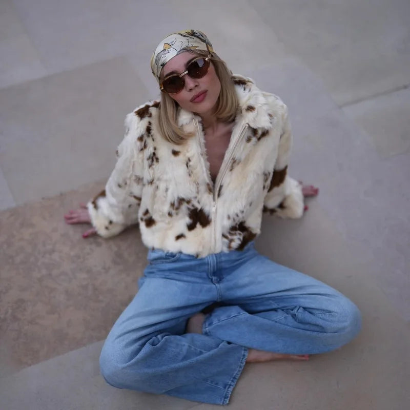 Faux Fur Contrast Women Coat 2025 Lapel Zipper Long Sleeve Female Coats Vintage Autumn Winter Pocket Thicken Warm Lady Outwear