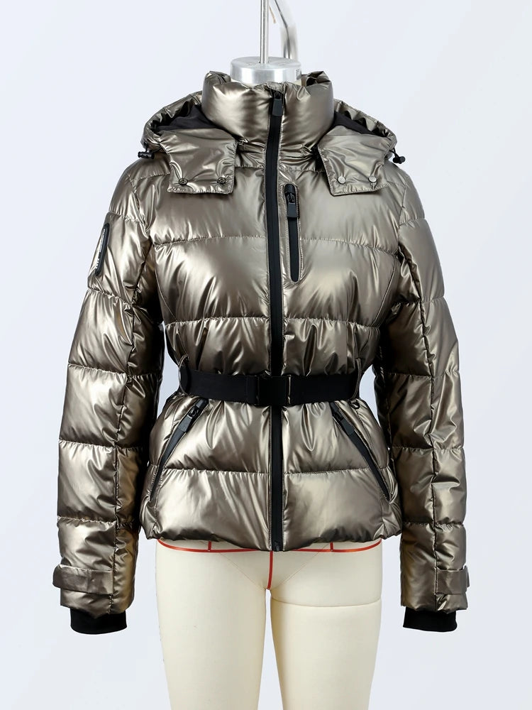Fashion Hooded Padded Coats With Belt Women Slim Stand Collar Full Sleeve Pocket Coat Winter Lady Thicken Warm Skiing Jacket