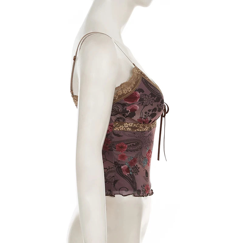 Rockmore Vintage Tulle Patchwork Floral Print Camis Women Mesh Lace Cross V Neck Crop Top Y2K Aesthetic Female Backless Corset
