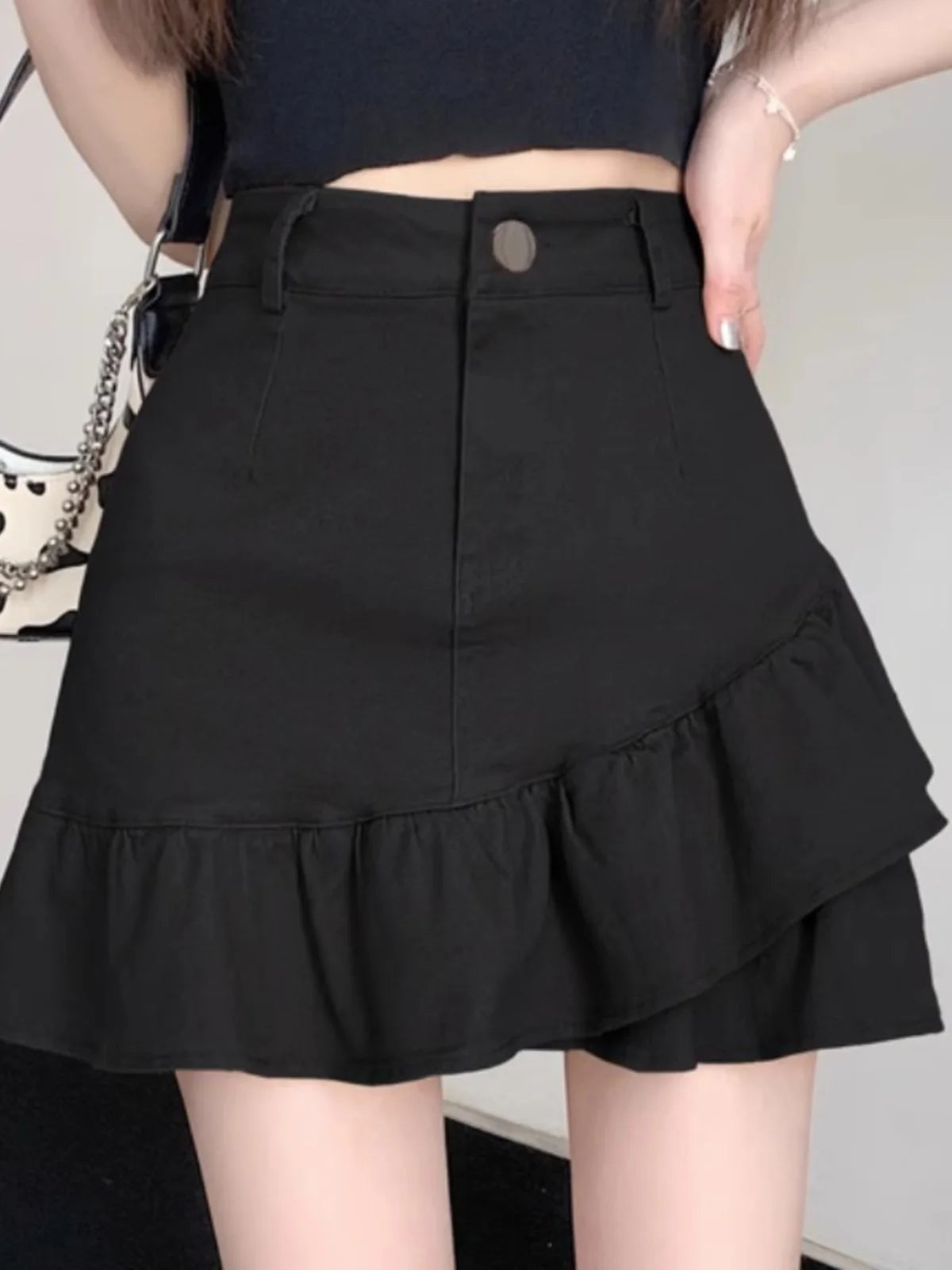High Waist A-Line  Skirt Women's Spring Summer Denim f-length Skirts with Lace Hemline Cotton Polyester Blend