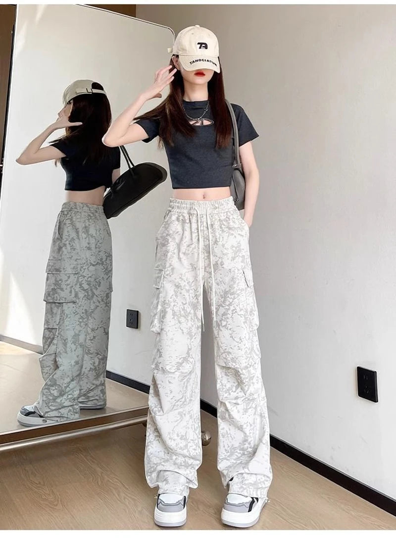 Zoki Tie Dye Streetwear Cargo Pant Women Vintage Loose High Waist Y2K Trousers Harajuku American Casual Summer Bf Wide Leg Pants