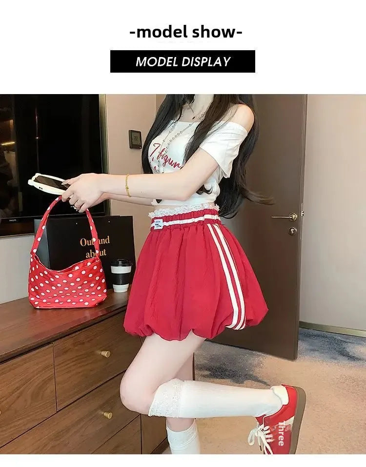 American Style Spliced Lace Stripe High Waist Half Skirt Women Summer Anti Exposure Flower Bud Puffy Short Skirt Polyester Fiber