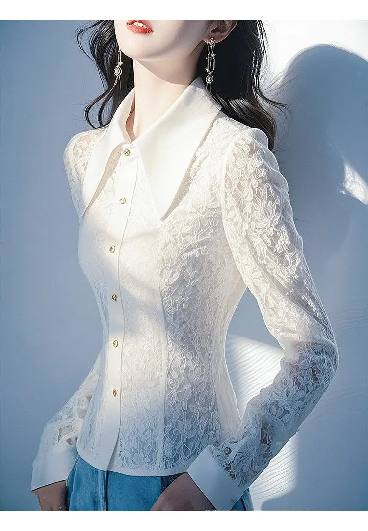 Single Row Multi-button White Lace Fashionable Shirt 2025 Early Spring New Fashionable French Waistclosing Long-sleeved Cardigan