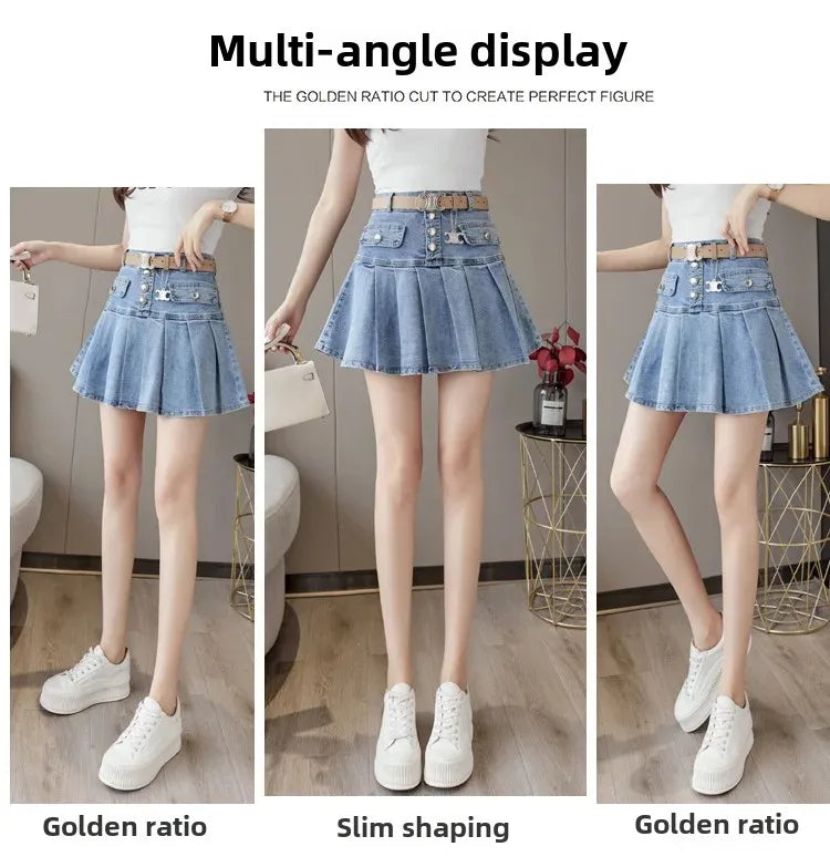 High-Waisted Denim Skirt Women's Slimming Mini Dress 2024 Spring Summer European Style Half Skirt Age-Reducing Fashionable Pleat