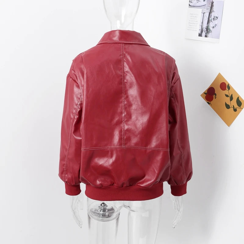 Fashion Green PU Leather Jacket Women Laple Zipper Loose Full Sleeve Single Breasted Cropped Coat 2024 New Lady Solid Streetwear