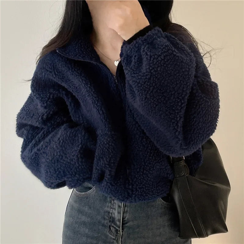 Women's Winter Autumn Fleece-lined Thickened Stand Collar Short Sweatshirt Loose-fit Idle Style Cardigan Zip-up Jacket