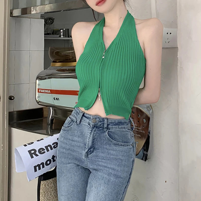 V-neck Camis Women Hotsweet Sexy Halter Crop Tops Zipper Streetwear Pure Sleeveless Chic