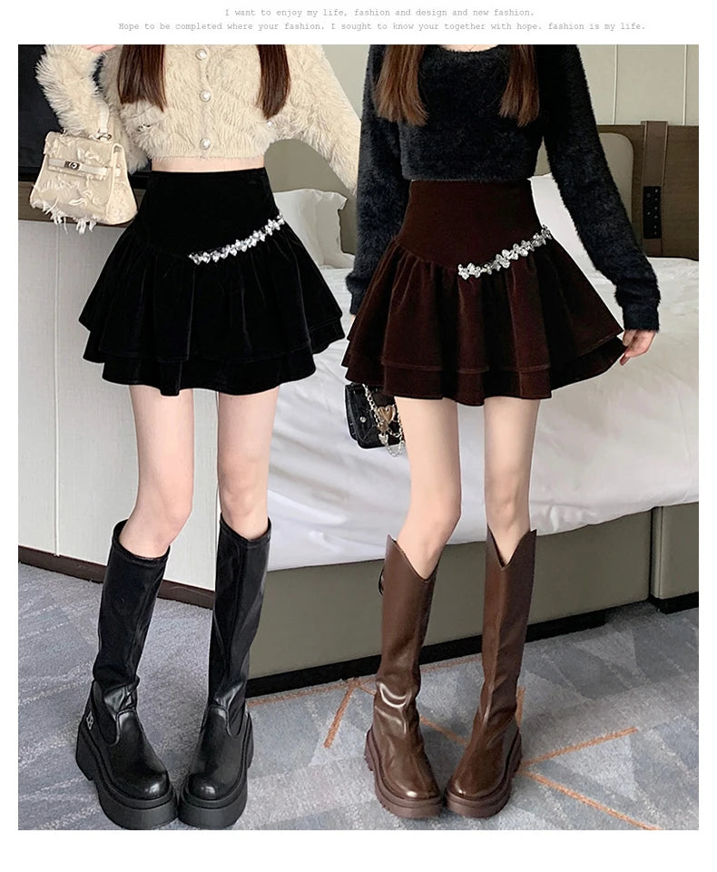 Bla Velvet Cake f Skirt Women's Autumn Winter High Waist A-Line Fluffy ort Skirt Small Size Pleated f Skirt