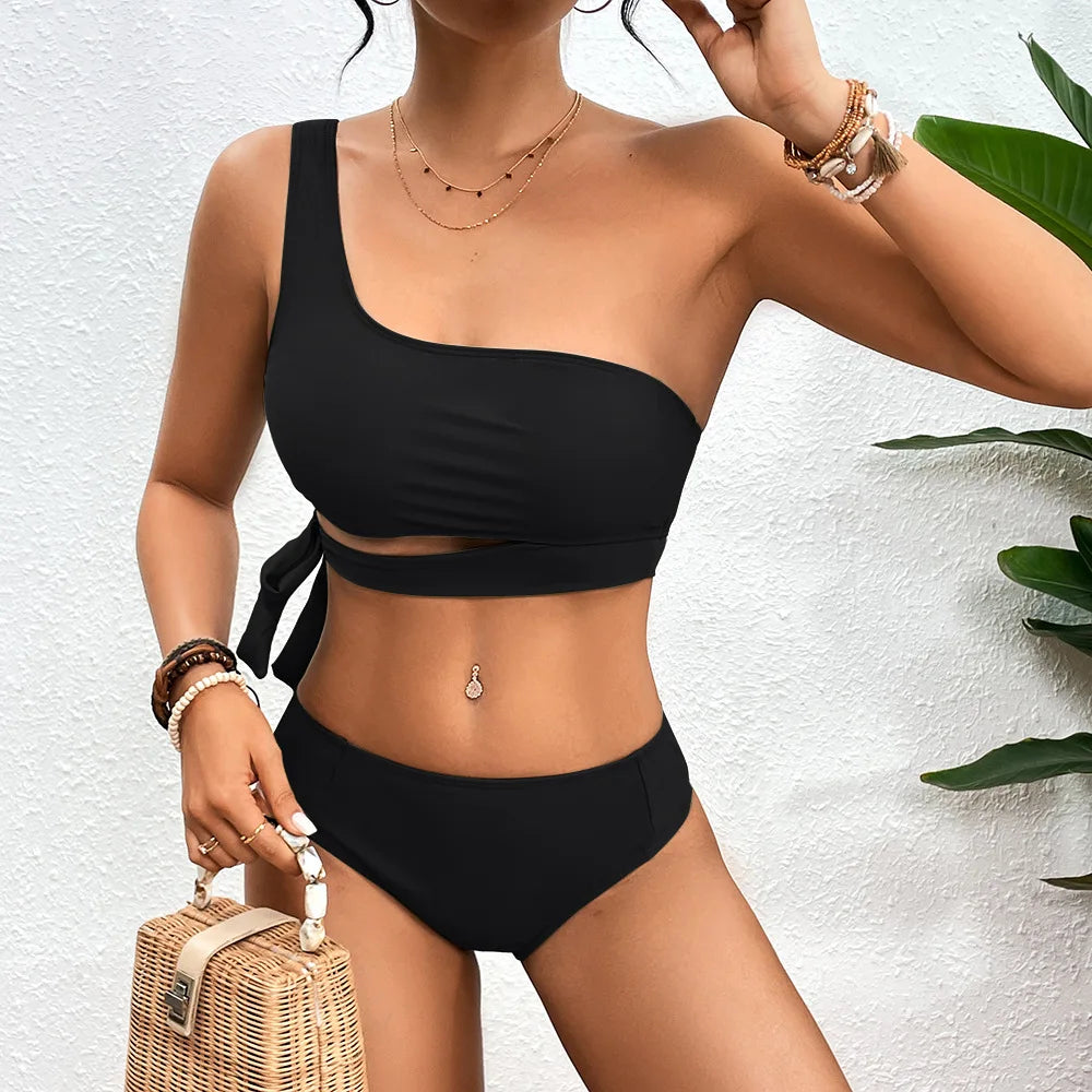 VigoCasey Sexy 2025 One-shoulder Solid Swimwear Women Hollow Push Up Bikini High Cut Lady Swimsuit Brazilian Beach Bathing Suit