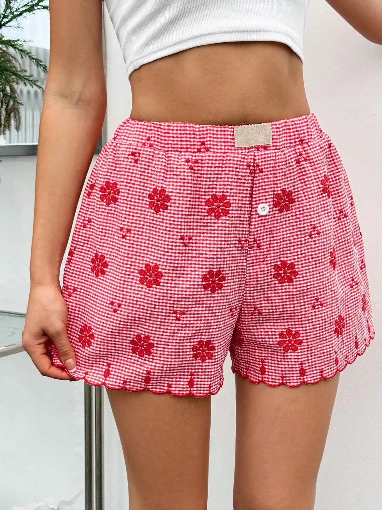 Women's Shorts Y2K High Waist Red 25 Spring Summer Plaid Button Front Ruffled Hem Casual Retro Beach Vacation Essentials