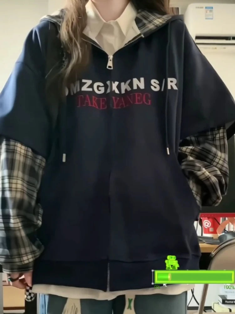 Patchwork Plaid Hoodies 2025 Women's Clothing Streetwear Fashion Sweatshirts Y2k Tops Thicked Hooded Casual Oversized Hoodie