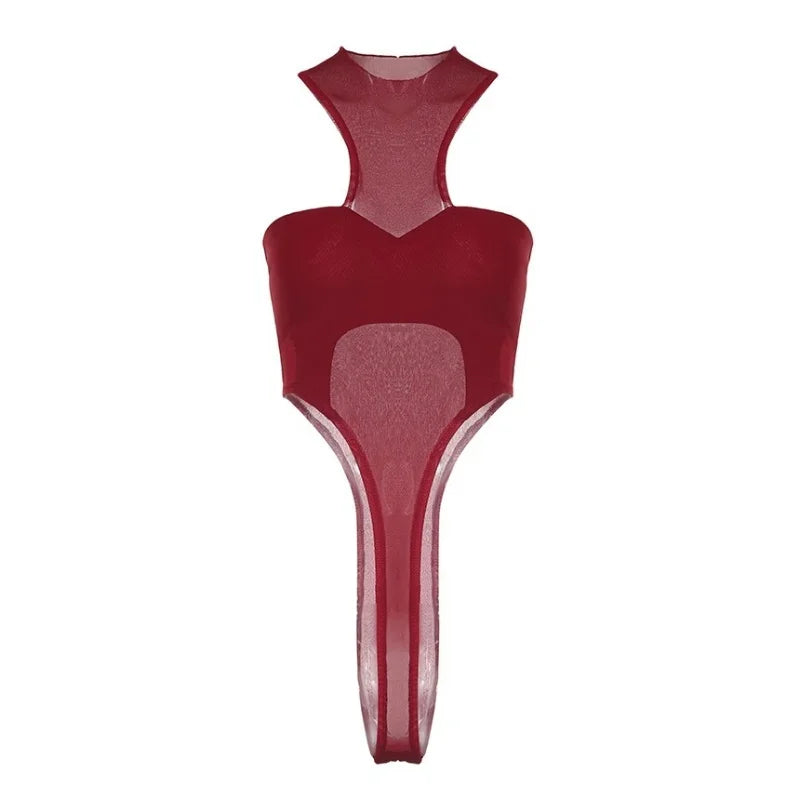 Red Lingerie Sexy Bodysuit Transparent Mesh Body Feminino Neck-mounted One-pieces Backless Tops For Women Y2k Clothes Bustier