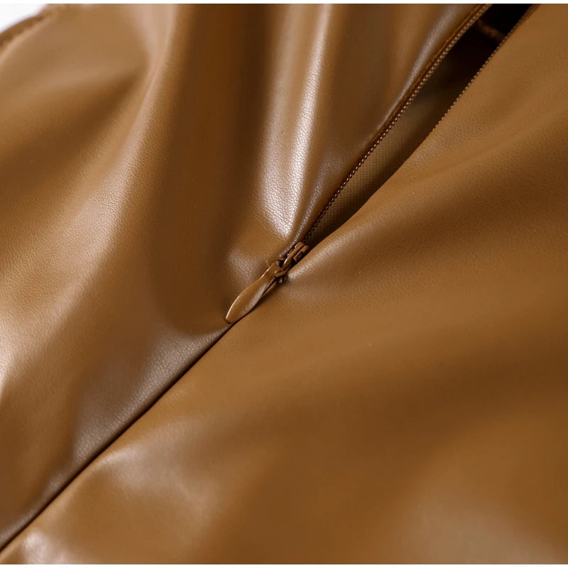 Vintage Midi Leather Dress Women Slim Turtleneck Sleeveless Hip Package Female Dresses 2025 Spring Lady Elegant Party Vestidos